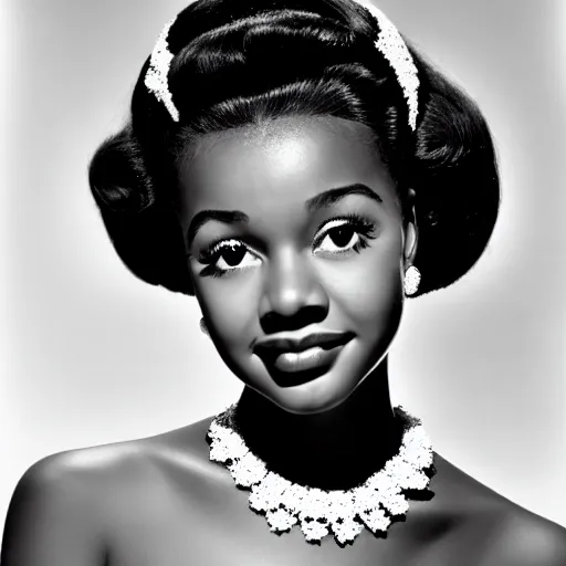 Image similar to black and white photo of a beautiful and elegant 1 9 5 9 young black actress with four in her hair