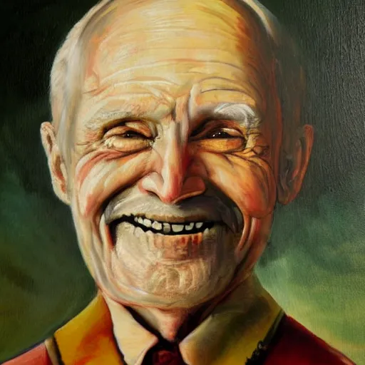 Image similar to a creepy painting of a smiling old man