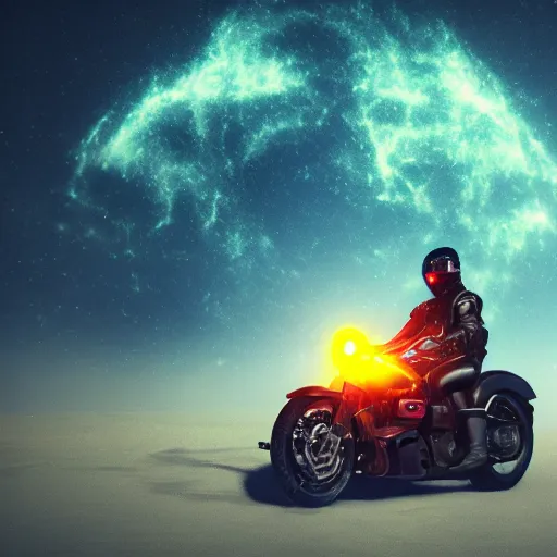 Image similar to a motorcycle floating in space inside magic colorful glowing fog, starry sky, tranquil, desolate, atmospheric, hazy, autochrome, 8k, octane render, unreal engine 5