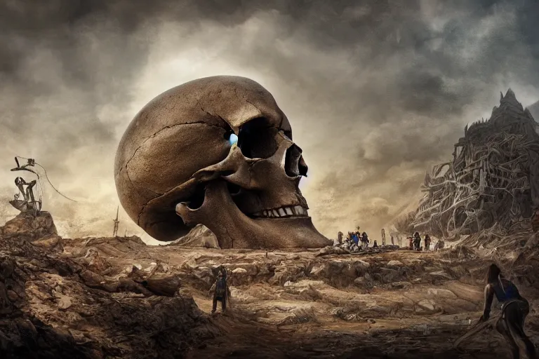 Image similar to a giant skull being unearthed in an excavation site, digital painting, mixed media, trending on artstation and deviantart, epic composition, magnum opus, highly detailed, 8 k