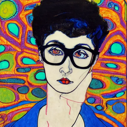Prompt: egon schiele short black long asymetrical pixie haircut and round thin elegant blue frame glasses teen girl, neck black dress, in a colorful and bright trippy victor moscoso psychedelic room. colorful.