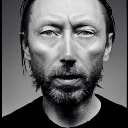 Image similar to Thom Yorke, a man with a beard and a black jacket, a portrait by John E. Berninger, dribble, neo-expressionism, uhd image, studio portrait, 1990s