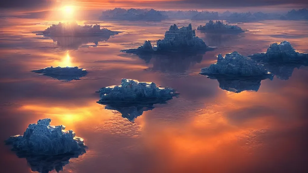 Image similar to amazing photo of floating islands in sunset by marc adamus, beautiful dramatic lighting