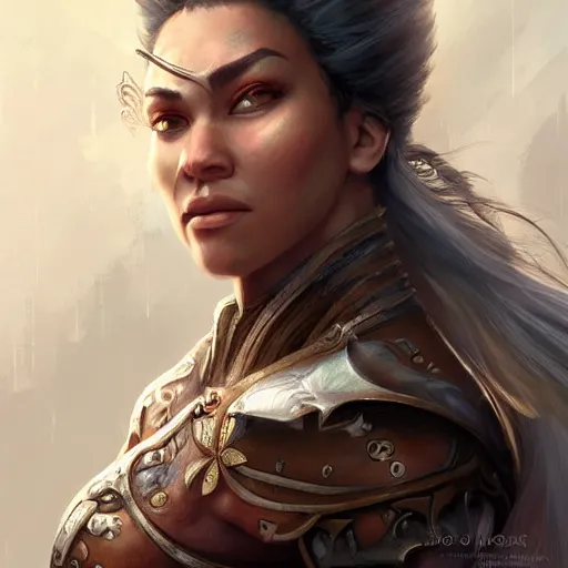 Prompt: beautiful, very strong, mixed race, female, middle aged, face, no makeup, warrior, head shot, fantasy, highly detailed, digital painting, artstation, concept art, smooth, sharp focus, illustration, art by jodie muir and brom