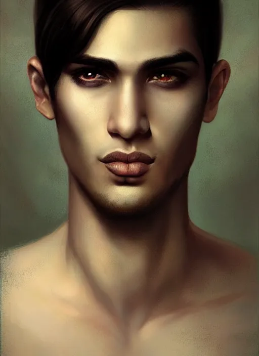 Prompt: a magical portrait of a handsome brazilian male gang member with dark brown eyes and short black hair, art by manuel sanjulian and tom bagshaw