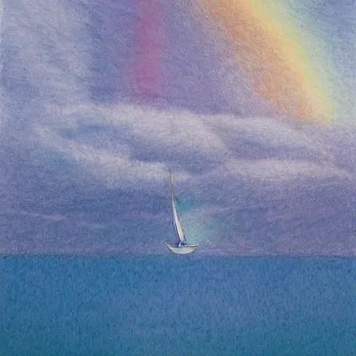 Prompt: etching peaceful by makoto shinkai, by donna huanca. a beautiful drawing of a sailboat sailing on a sea of clouds, with a rainbow in the background. the sailboat is crewed by a group of monkeys, & the sails are billowing in the wind.