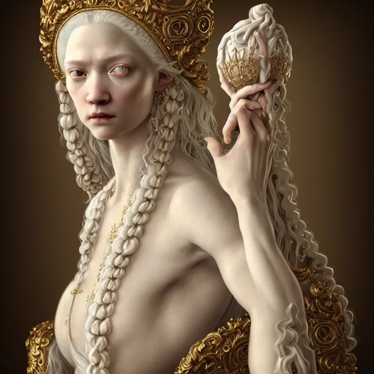 Image similar to renaissance style a wonderful woman albino goddess with a wonderful face and realistic arms and hands and realistic body with long intricate hair with a beautiful porcelain symmetrical body dressed with a majestic warp ornate cream long cotton dress, hightly ornate, intricate, detailed, dramatic light, cinematic, award winning, octane render, tom bagshaw style