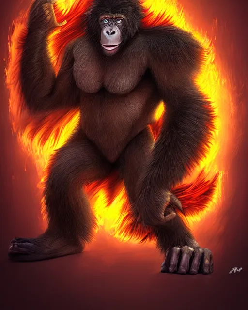 Image similar to fury art, an anthro ape wearing a large cape and a fantasy armor, fiery background, 3 d, 8 k, extremely detailed, trending on furaffinity, trending on artstation, award winning, sharp focus, illustration