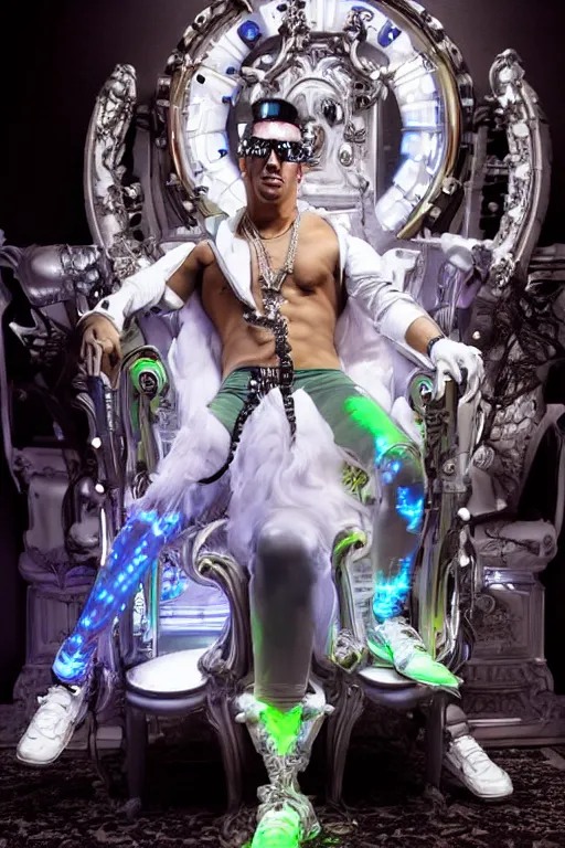 Image similar to full-body rococo and cyberpunk style neon statue of a muscular attractive Daddy Yankee macho dotado e rico android sim roupa reclining con las piernas abertas e la piroca dura, glowing white lasers, glowing eyes, silver prince crown, silver steampunk gears, white diamonds, swirling mint-colored silk fabric. futuristic elements. ethereal white dripping tar. full-length view. space robots. human skulls. intricate artwork by caravaggio. Trending on artstation, octane render, cinematic lighting from the right, hyper realism, octane render, 8k, depth of field, 3D