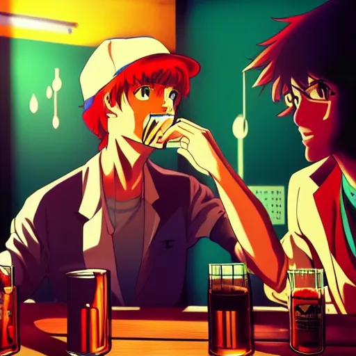 Prompt: guy drinking a glass of whiskey in a smoky bar, sprite from yu - no, commodore 6 4, directed by beat takeshi, visual novel cg, 8 0 s anime vibe, kimagure orange road, maison ikkoku, trending on artstation, ultra hd wallpaper