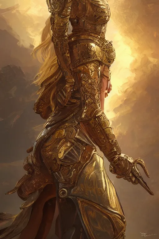 Image similar to portrait knights of Zodiac girl, golden and copper reflected armor, in ruined Agora of Athens, ssci-fi, fantasy, intricate, very very beautiful, elegant, highly detailed, digital painting, artstation, concept art, smooth, sharp focus, illustration, art by WLOP and tian zi and alphonse mucha