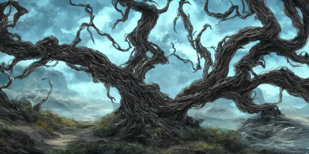 Prompt: bent windswept windswept willows growing on rocks, high quality fantasy art, 4k