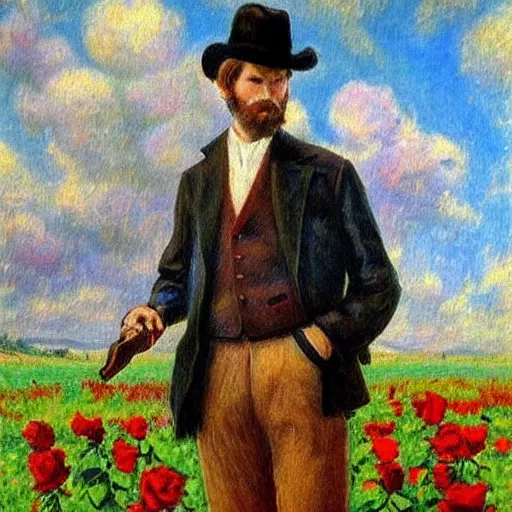 Prompt: an impressionist painting of a tall man with blue eyes and brown hair that is wearing a wide brim leather hat and a leather vest. He is holding a revolver in his left hand and a ((((red rose is in his right hand))))!!!!!!!!!!!, He is standing in a field of roses, Blue sky in the background, trending on artstation