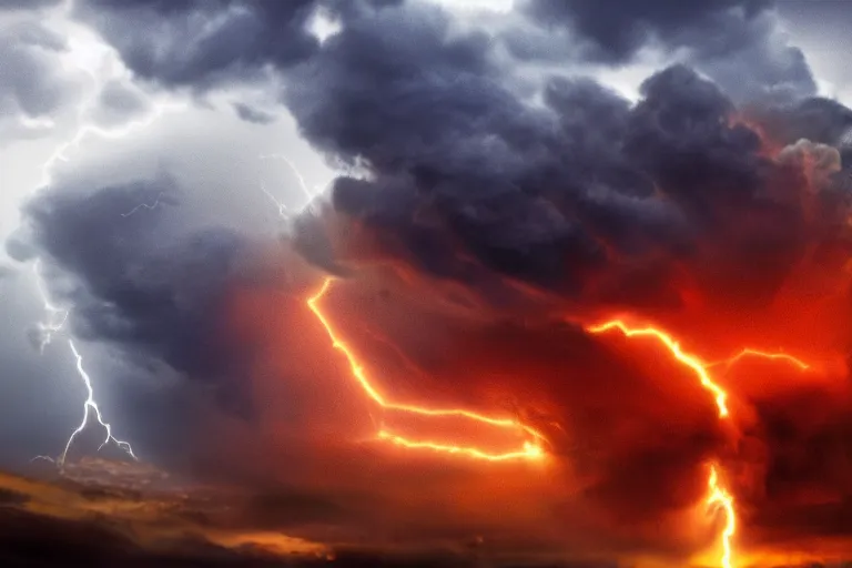 Image similar to a photo of a cloud made of fire and lightning looming over a dystopian city, photorealistic, 8 k