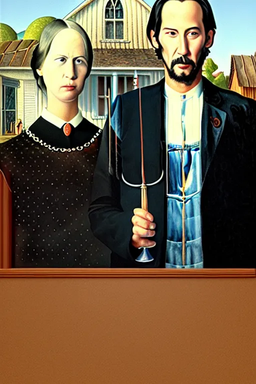 Image similar to painting of Keanu Reeves and Lady Gaga as the couple in American Gothic in the style of Grant Wood