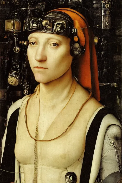 Image similar to a close - up portrait of a cyberpunk cyborg girl, by hans holbein the younger, rule of thirds