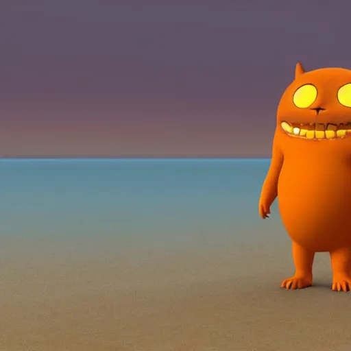 Image similar to final render made with blender of a cute yellow and orange kawaii demon with slow eyes and little fangs standing on a beach, by pixar and studio ghibli