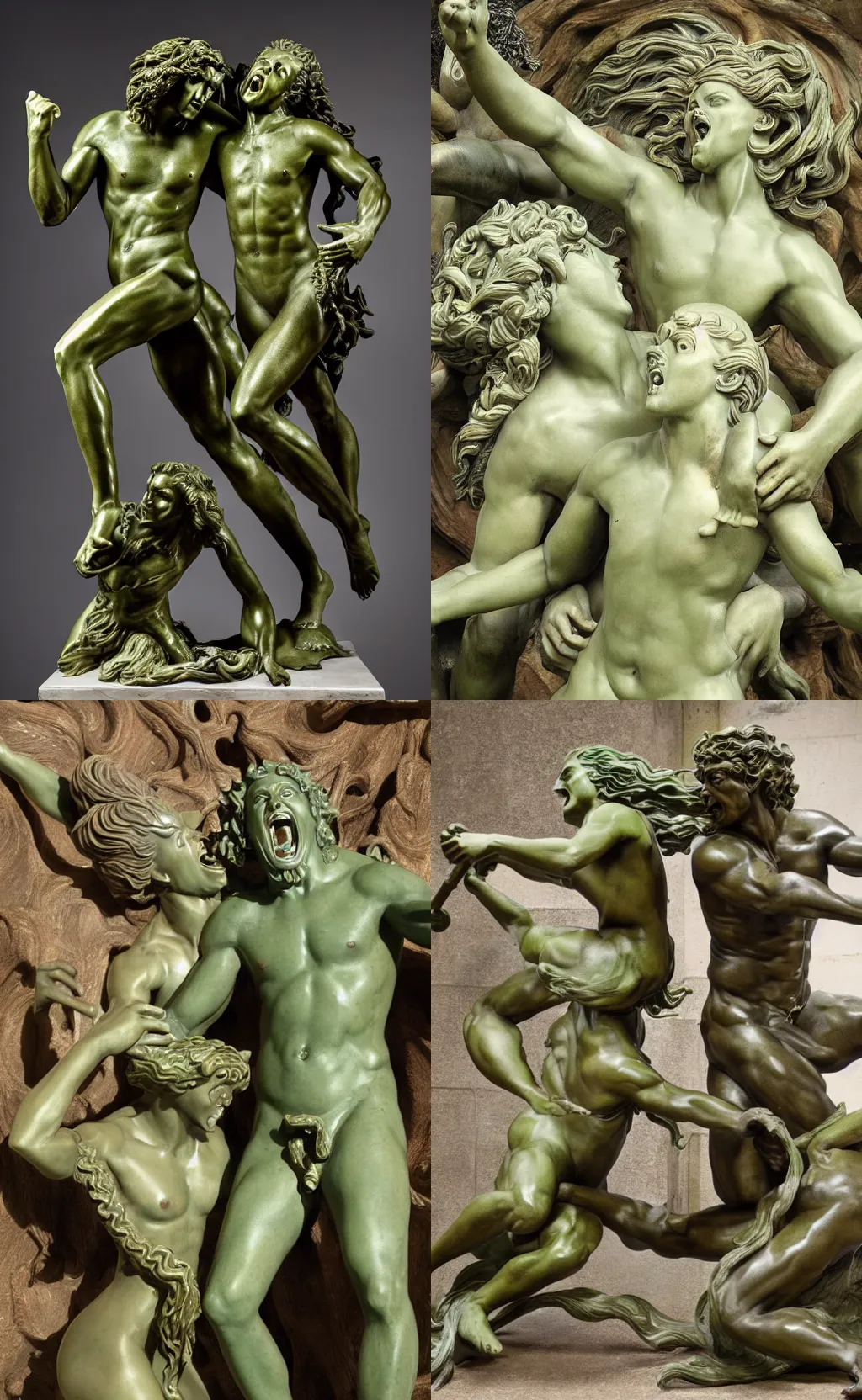 Prompt: full body bronze sculpture of medusa and perseus shouting at each other, renaissance style, medusa in a green dress, sharp facial features, angry, professional photography, dynamic and dominating