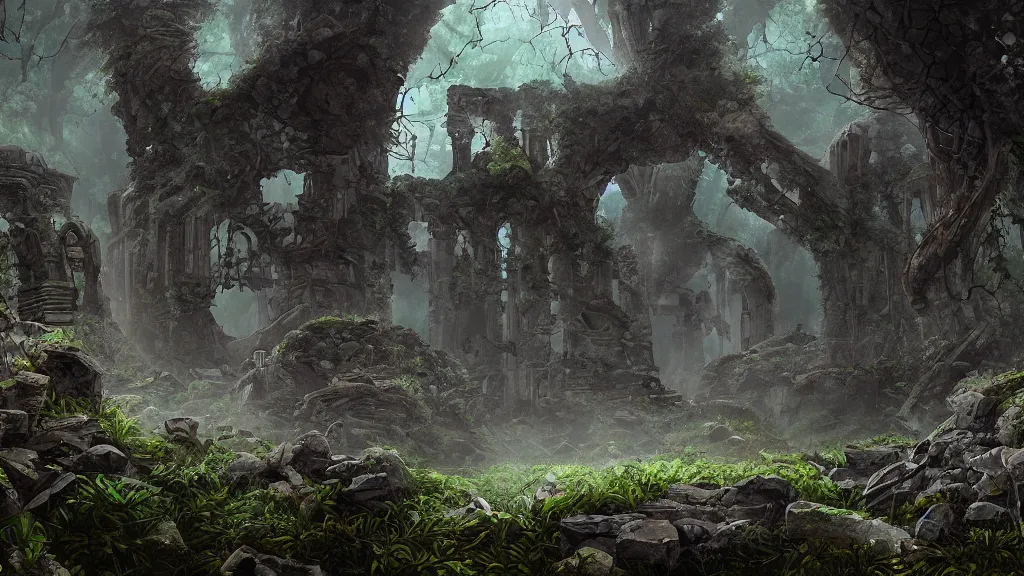 Image similar to Ancient alien ruins in the middle of an overgrown forest, dreamscape, dramatic lighting, fantasy art illustration, trending on artstation, Aetherpunk