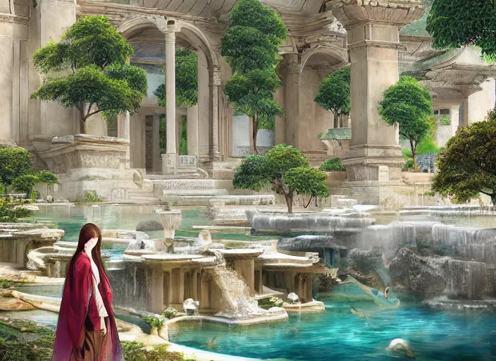 Prompt: A wide open courtyard in a beautiful elven city made of ivory, anime, Singaporean lush sakura trees, fountain, at Pamukkale, thermal waters flowing down white and gold travertine terraces, intricate, elegant, luxurious, digital painting, concept art, smooth, sharp focus, from Star Trek 2021, illustration, by WLOP and Ruan Jia and Mandy Jurgens and William-Adolphe Bouguereau, Artgerm