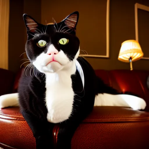 Image similar to photograph of a very fat and judgmental cat wearing a full tuxedo sitting in a dimly lit parlor lounge