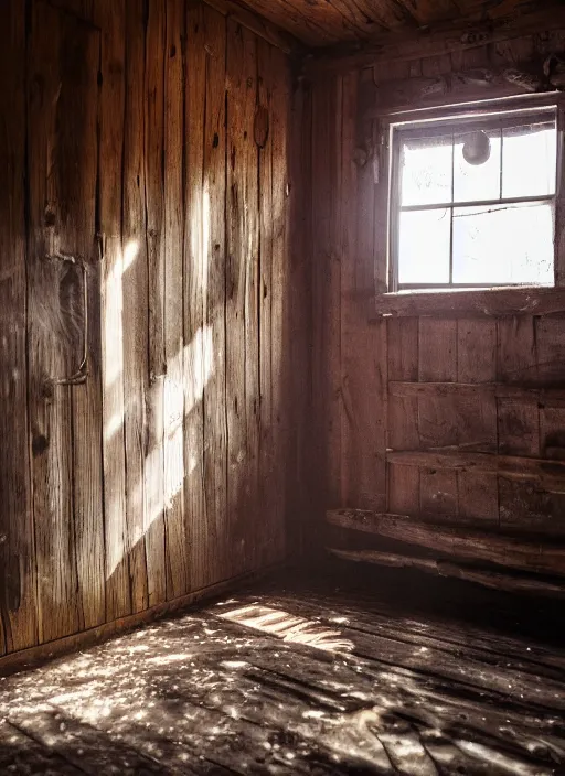 Image similar to a film production still, 2 8 mm, wide shot of a rooster, cabin interior, wooden furniture, cobwebs, spiderwebs, window light illuminates dust in the air, abandoned, depth of field, cinematic