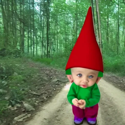 Image similar to bad quality screenshot of a leaked video of a small person dressed as gnome looking at me at a forest trail, photo taken from far away, night time, bright camera flash, camera shaking, disturbing, very scary, realistic, very disturbing, help me please im disturbed, ultrarealistic, 480p, scary