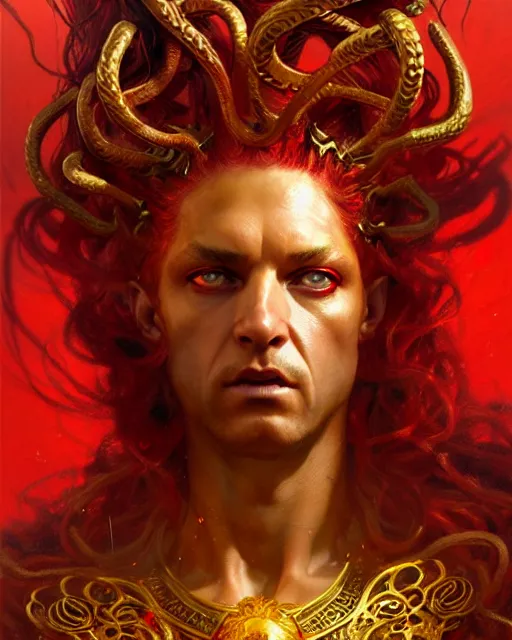 Image similar to fierce medusa in a red and golden robe, fantasy character portrait, ultra realistic, concept art, intricate details, highly detailed by greg rutkowski, gaston bussiere, craig mullins, simon bisley