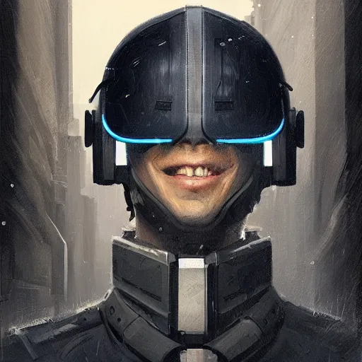 Image similar to Portrait of a man by Greg Rutkowski, symmetrical face, a marine with a helmet, using a VR Headset, Kubric Stare, crooked smile, he's wearing a modern tacitcal gear, highly detailed portrait, scifi, digital painting, artstation, book cover, cyberpunk, concept art, smooth, sharp foccus ilustration, Artstation HQ