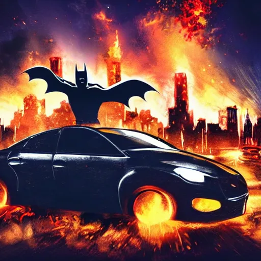 Prompt: city on flames at night, batman dancing on top of a car, people cheering, dark, detailed
