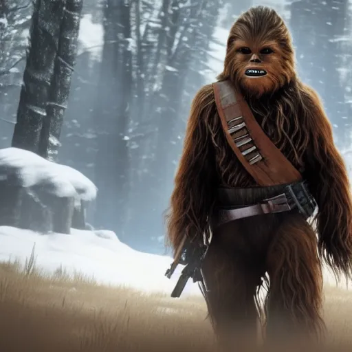 Prompt: Film still of Chewbacca, from Red Dead Redemption 2 (2018 video game)