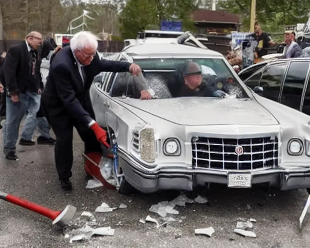 Prompt: bernie sanders smashing a cadillac deville into pieces with a sledgehammer