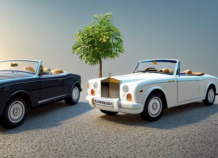 Image similar to a small miniature of a Rolls Royce Corniche Cabrio on a white table near a vase with a plant, 3d render, octane render, unreal engine 5, path tracing, serene landscape, calm, relaxing, beautiful landscape, highly detailed, high quality, 4k, symmetrical, low contrast