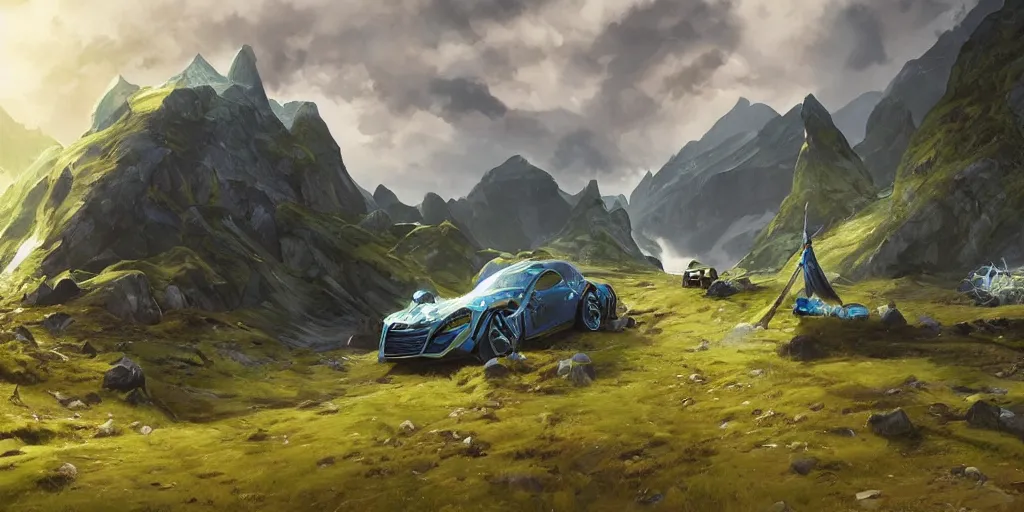 Image similar to wide angle, blue knight, green hatchback car, glacier landscape, norway, D&D, fantasy, intricate, elegant, highly detailed, digital painting, artstation, octane render, concept art, matte, sharp focus, illustration, hearthstone, art by Artgerm and Greg Rutkowski and Alphonse Mucha