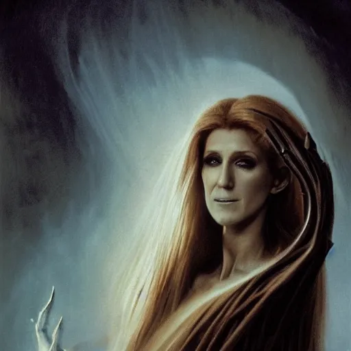 Image similar to head and shoulders portrait of a ghostly, shadowy, spectral banshee portrayed by celine dion, d & d, fantasy, greg rutkowski, frank frazetta, alexandre chaudret, boris vallejo, michael whelan, miro petrov, hr giger, magali villeneuve, donato giancola