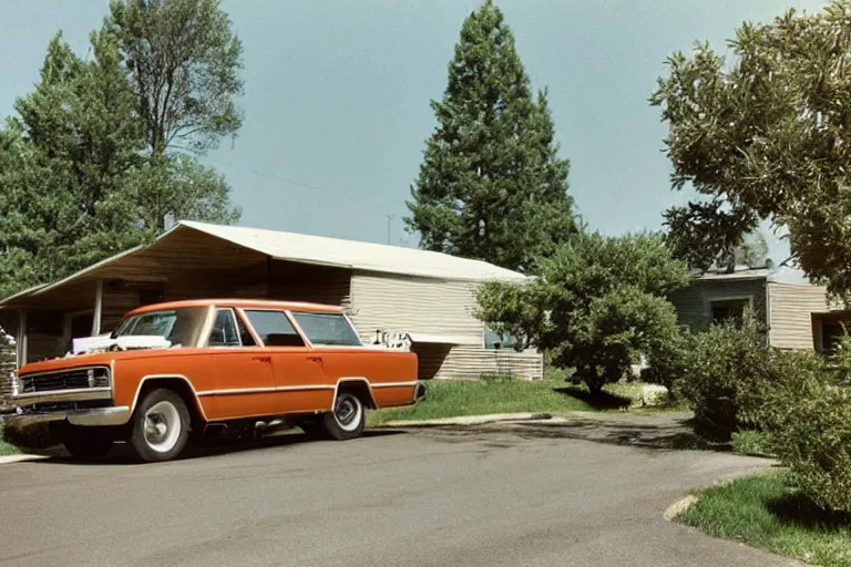 Prompt: 1 9 6 7 washed out kodachrome photo of an ordinary 1 9 6 7 suburban ranch house, garage, car, bushes