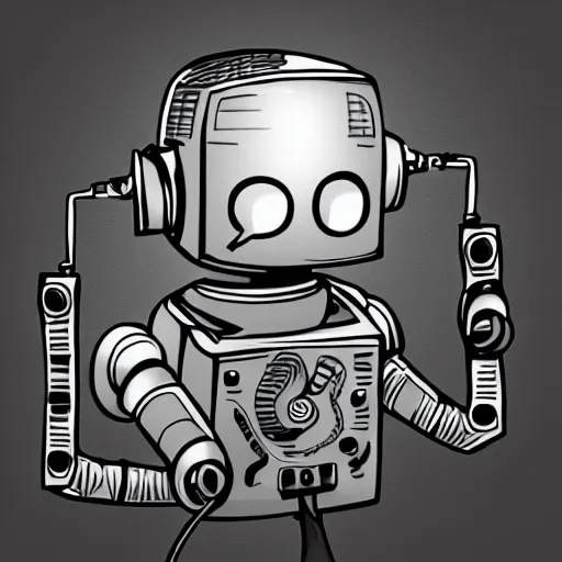 Prompt: robot with headphones listening to music, lowbrow, hd