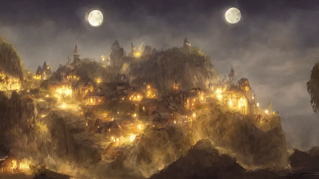Prompt: A medieval fantasy village on the side of a cliff by the ocean , crescent moon, light glowing from windows at night concept art by James Paick