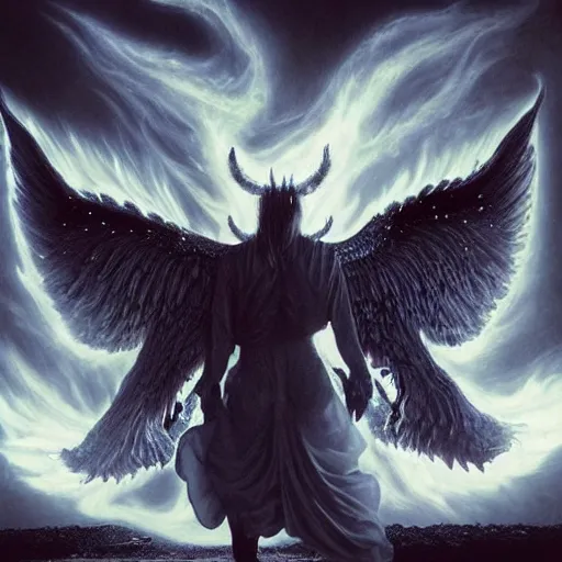 Image similar to a demon with huge nacreous fire wings, standing in shadows of the cosmic glowing sun behind, realistic horrors, cosmic dark vibes evil incarnate, photo pic by hyperrealism