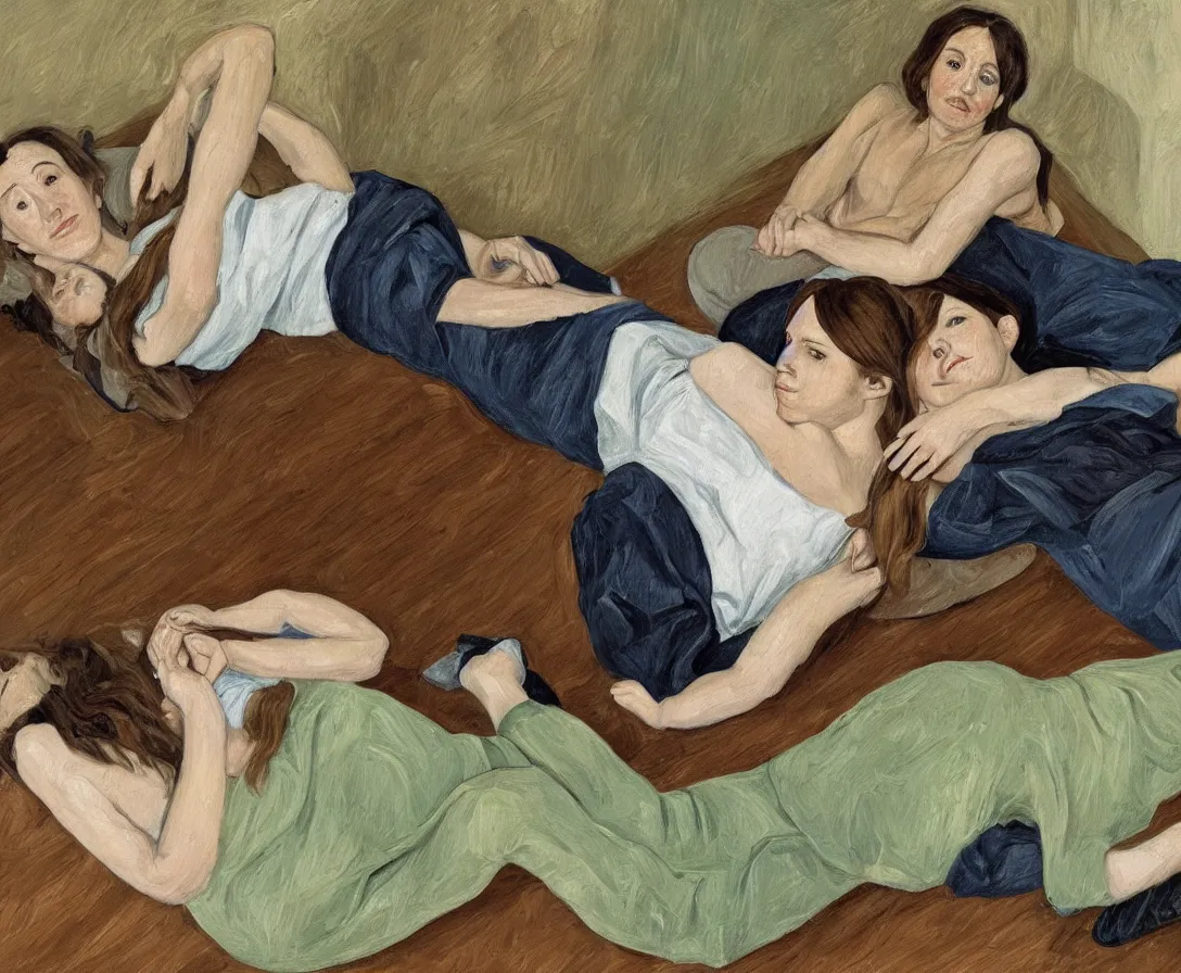 Image similar to portrait of two women lying horizontal, in an empty old english apartment with wooden floor on a brown leather sofa. one is wearing a dark blue sweather, the other a white shirt. brown hair, they are looking into the camera. wide shot. in the style of lucien freud. oil painting. green mood. isometric perspective