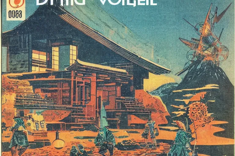 Prompt: 1 9 7 9 omni magazine cover of dnd village. japanese woodblock style by vincent di fate