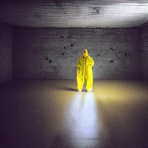 Image similar to a man wearing a yellow hazmat suit inside the very dark empty unsettling creepy backrooms, liminal space, flickering fluorescent lights, eerie mood