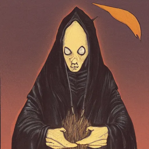 Image similar to a witch wearing a dark hooded cloak