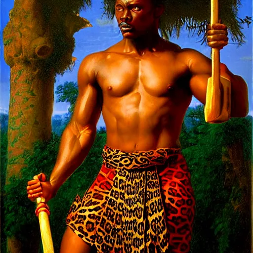 Prompt: oil painting of a fierce muscular african - haitian warrior half - man half - leopard by john william godward. photorealistic, highly detailed, bright colors, classical lighting, 8 k. tarot and voodoo symbolism.