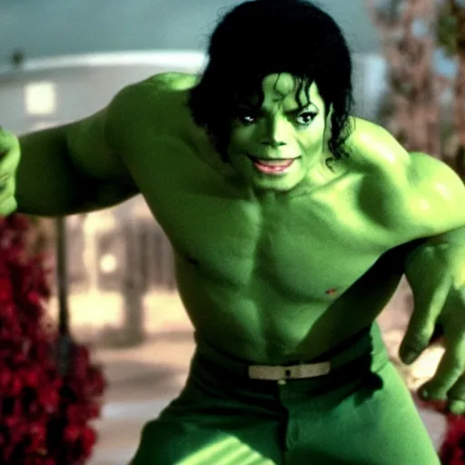 Image similar to michael jackson as the incredible hulk, movie still, 8 k