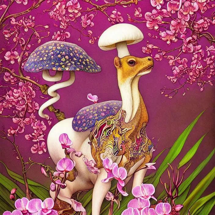 Prompt: psychedelic animal made of orchid and cherry blossom tree and mushroom, LSD, diffuse lighting, fantasy, intricate, elegant, highly detailed, lifelike, photorealistic, digital painting, artstation, illustration, concept art, smooth, sharp focus, art by John Collier and Albert Aublet and Krenz Cushart and Artem Demura and Alphonse Mucha