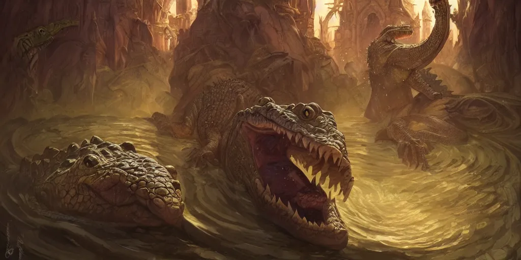 Image similar to crocodile lair priestess ceremony, deep focus, d & d, fantasy, intricate, elegant, highly detailed, digital painting, artstation, concept art, matte, sharp focus, illustration, hearthstone, art by artgerm and greg rutkowski and alphonse mucha