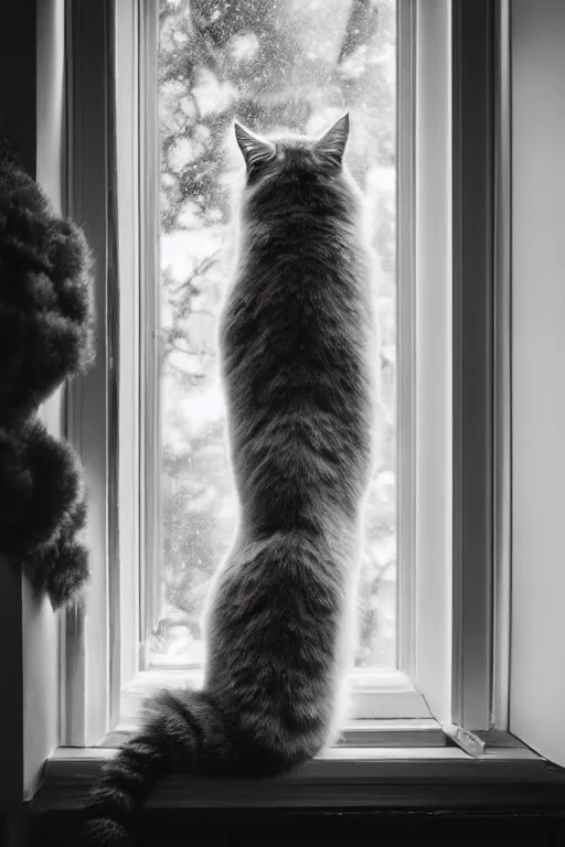 Image similar to “ fluffy grey cat turning head to look out the window while lying on tree, cozy living room, warm, cotton, dramatic lighting, extremely high quality, leica m - a, lux 3 5 fle, portra 8 0 0 ”