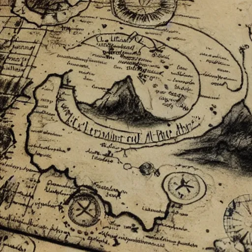 Prompt: an old treasure map covered in blood and black ink.