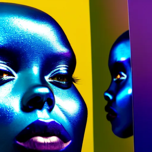 Image similar to portrait of african woman, iridescent metallic face, mercury, mirror reflections, smooth, liquid metal, proud, looking away, outdoor, blue sky, fashion advertising campaign, 8 k, realistic, depth of field, highly detailed, award winning photography, by richard mosse